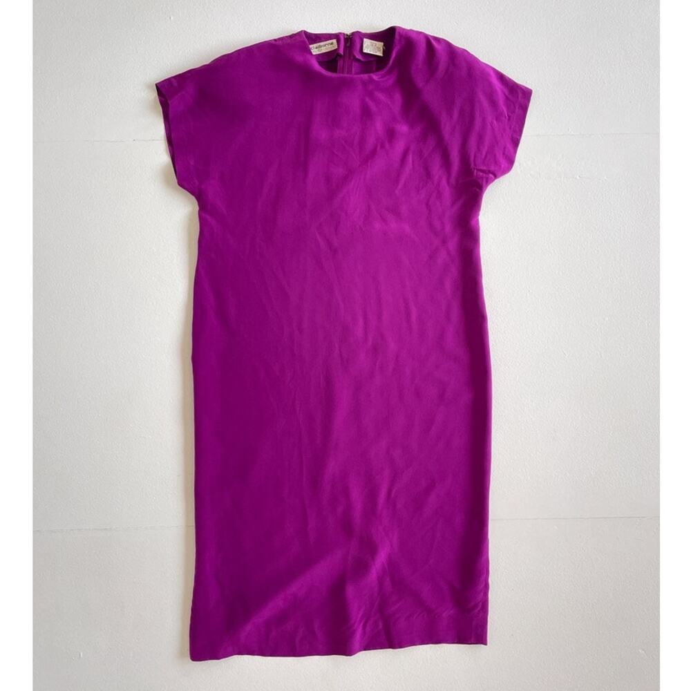 Vtg 80s LIZ CLAIBORNE Magenta Silk Shift Dress / Petite 4 / Minimal Avant Garde